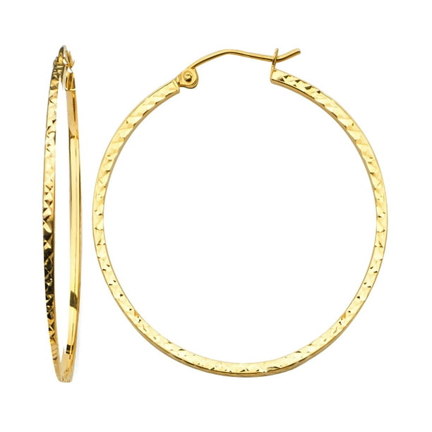 Womens 1.5mm Solid 14K Yellow Gold Diamond Cut Hoop Earrings 